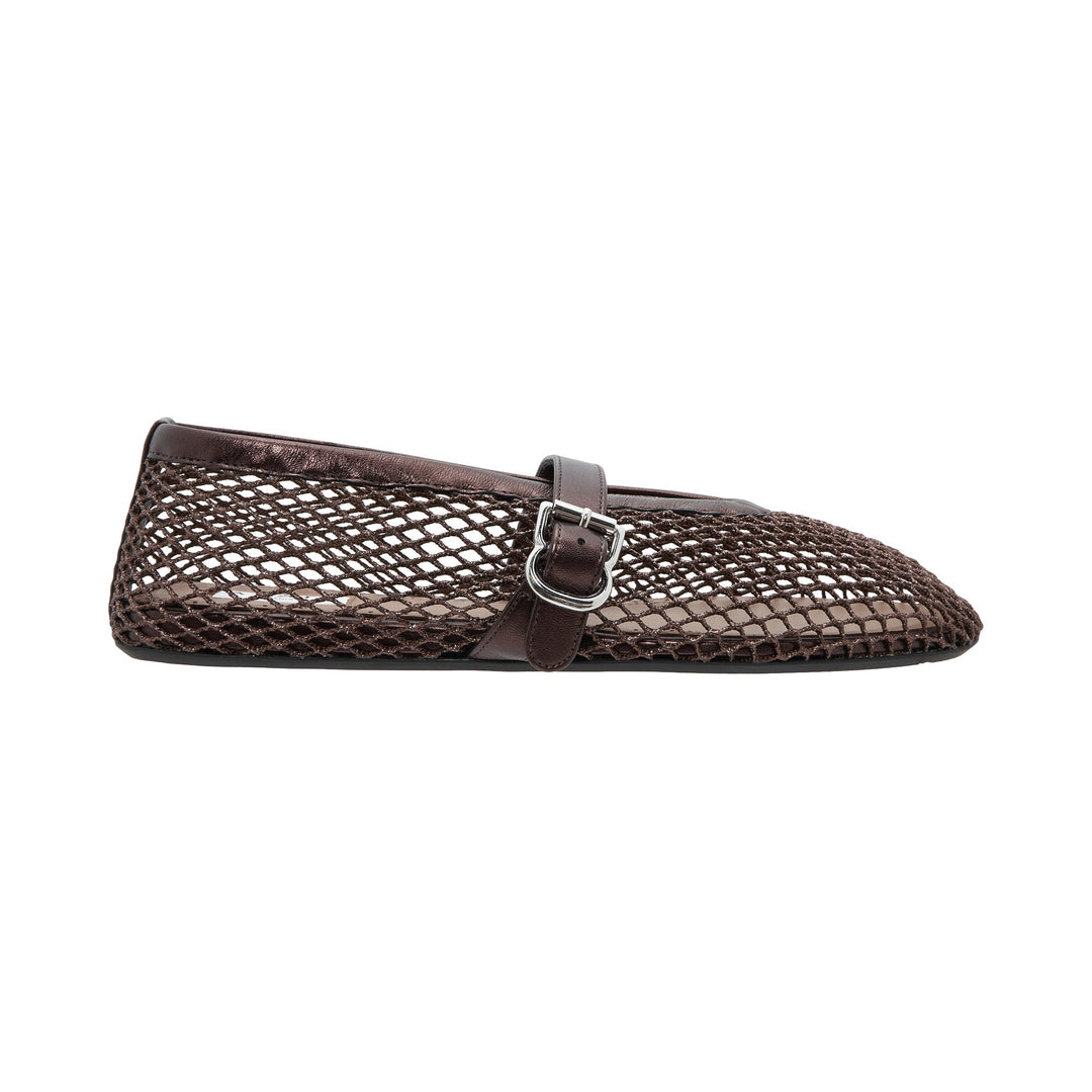 Alaïa dark brown open-weave mesh ballet flat with leather Mary Jane strap and silver buckle, square toe, side profile view