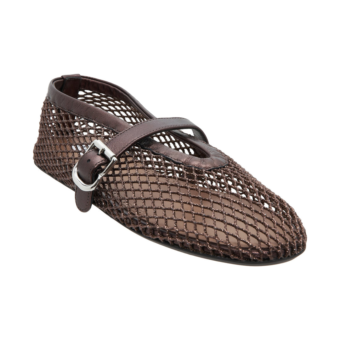 Alaïa dark brown open-weave mesh ballet flat with leather Mary Jane strap and silver buckle, square toe, side profile view