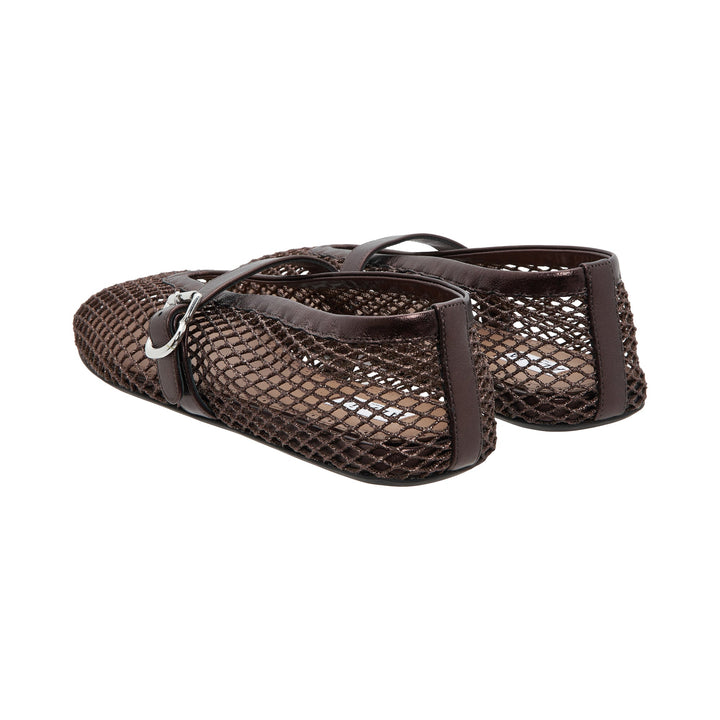 Alaïa dark brown open-weave mesh ballet flat with leather Mary Jane strap and silver buckle, square toe, side profile view
