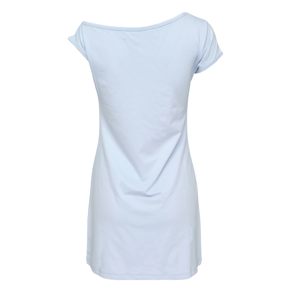 Rest&Recreation black one-shoulder mini dress with cap sleeves, body-con silhouette, and small white embroidered logo at the chest