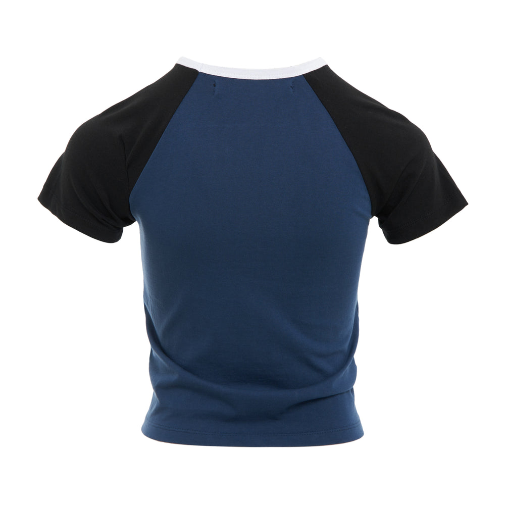 Rest & Recreation Raglan Half Sleeve Top in navy blue with black raglan sleeves, white ringer crew neck, and 'Rest & Recreation' script graphic on chest