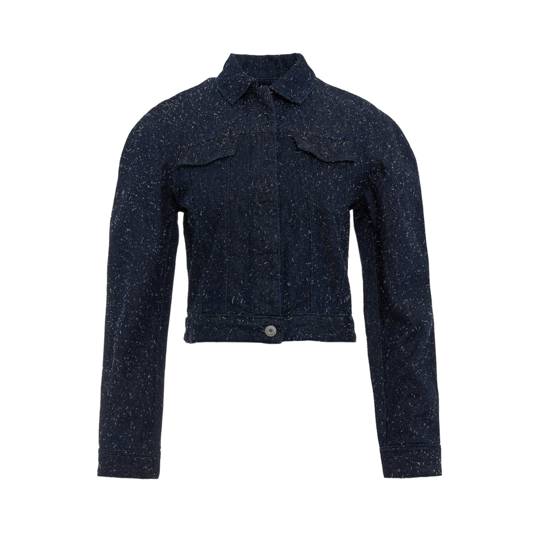 Jacquemus dark indigo speckled denim cropped jacket with point collar, chest flap pockets, and button-front closure