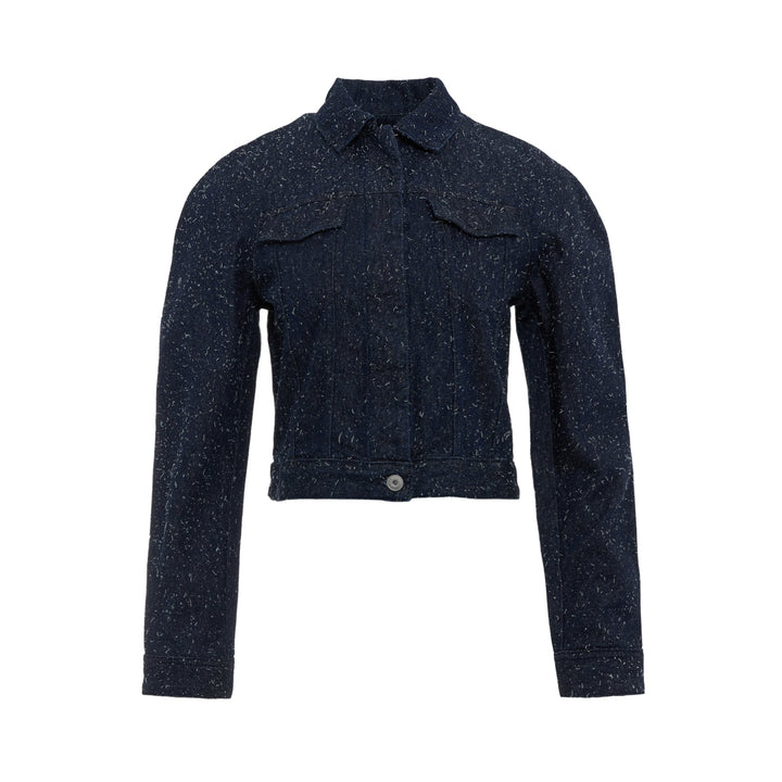 Jacquemus dark indigo speckled denim cropped jacket with point collar, chest flap pockets, and button-front closure