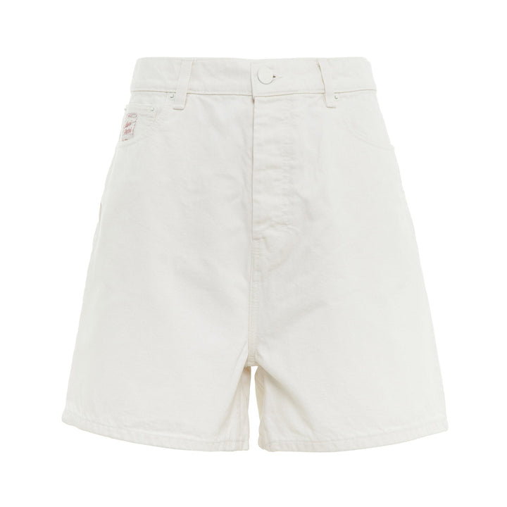 AMI Paris Heritage Denim Shorts in off-white with high-rise waist, five-pocket design, and signature heritage label patch