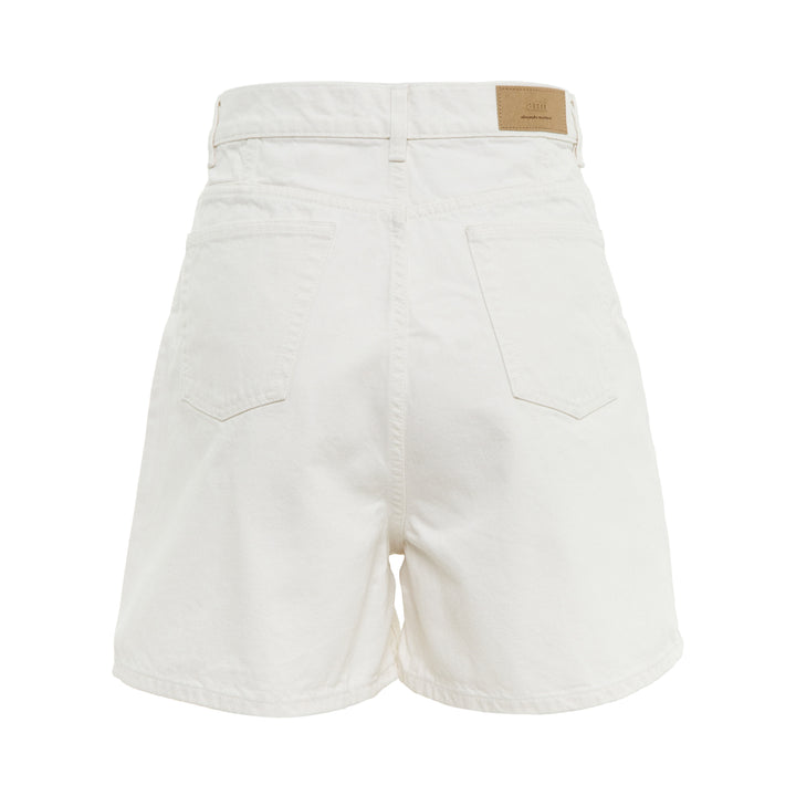 AMI Paris Heritage Denim Shorts in off-white with high-rise waist, five-pocket design, and signature heritage label patch