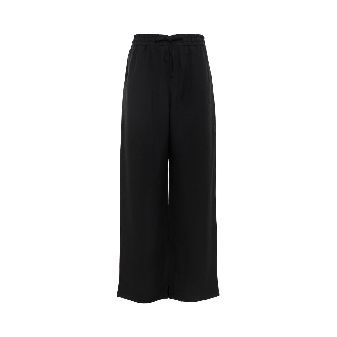 AMI Elasticated Waist Wide Leg Trousers in black with smocked waistband and drawstring tie