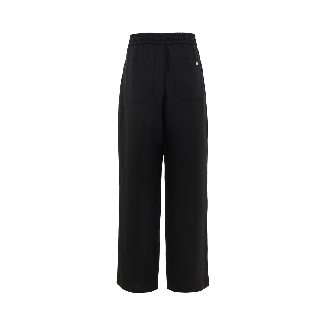 AMI Elasticated Waist Wide Leg Trousers in black with smocked waistband and drawstring tie