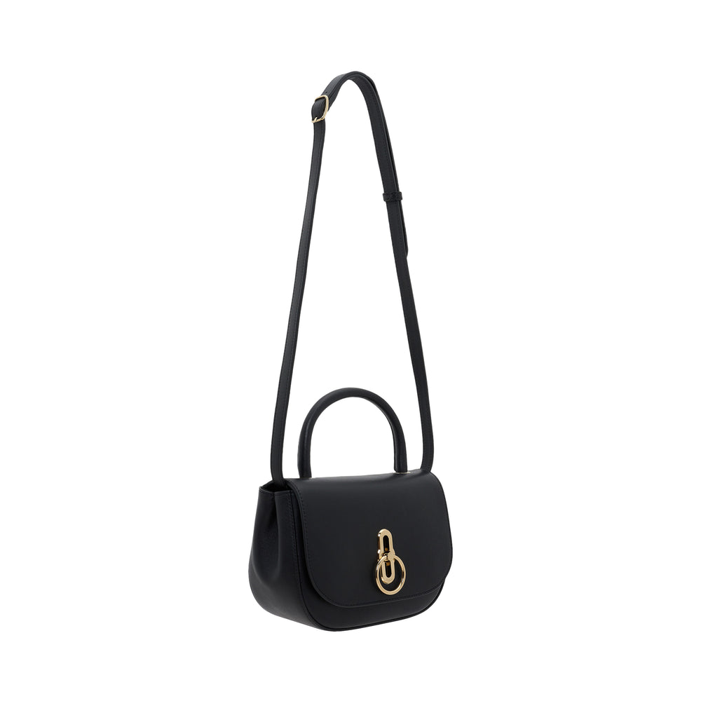 Mulberry Small Amberley Top Handle Bag in black smooth leather with gold-tone Amberley turn-lock clasp and adjustable crossbody strap, photographed on a white background