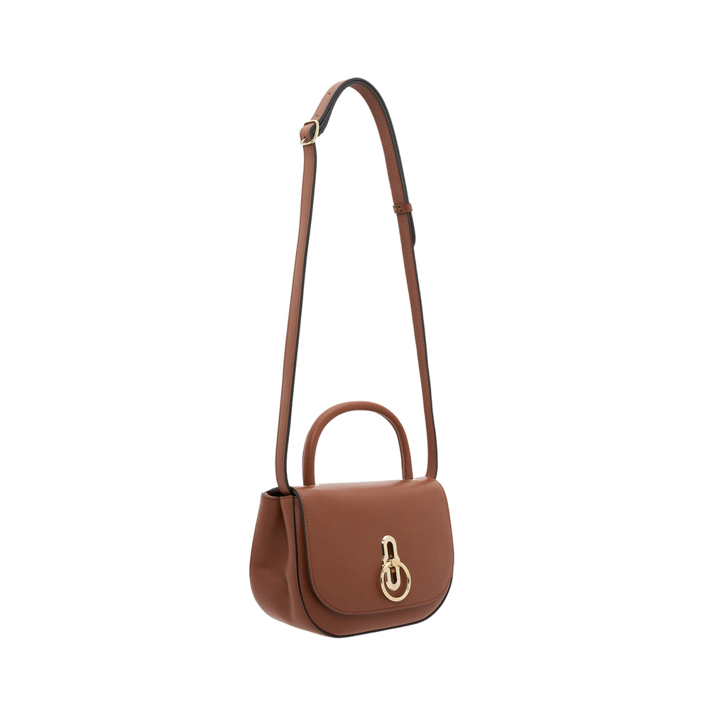 Mulberry Small Amberley Top Handle Bag in black smooth leather with gold-tone Amberley turn-lock clasp and adjustable crossbody strap, photographed on a white background