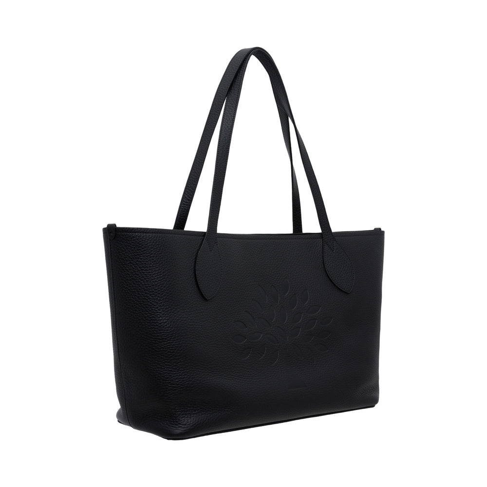 Mulberry Tree Tote in black Heavy Grain leather with dual shoulder straps and tonal cut-out mulberry tree motif on the front panel