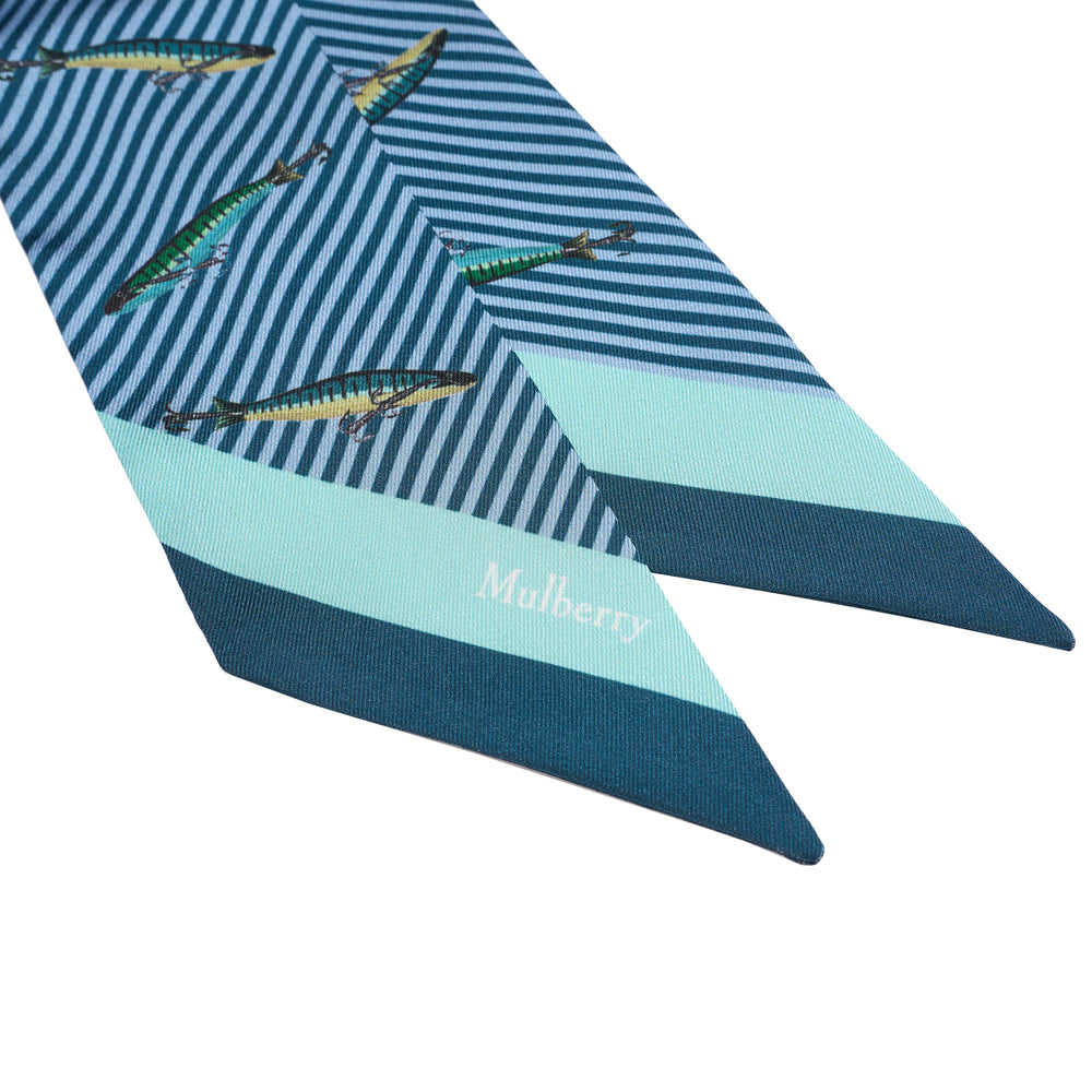 Mulberry Fishing Lure Skinny Scarf in blue diagonal stripe with illustrated mackerel fish print and teal and mint pointed tips