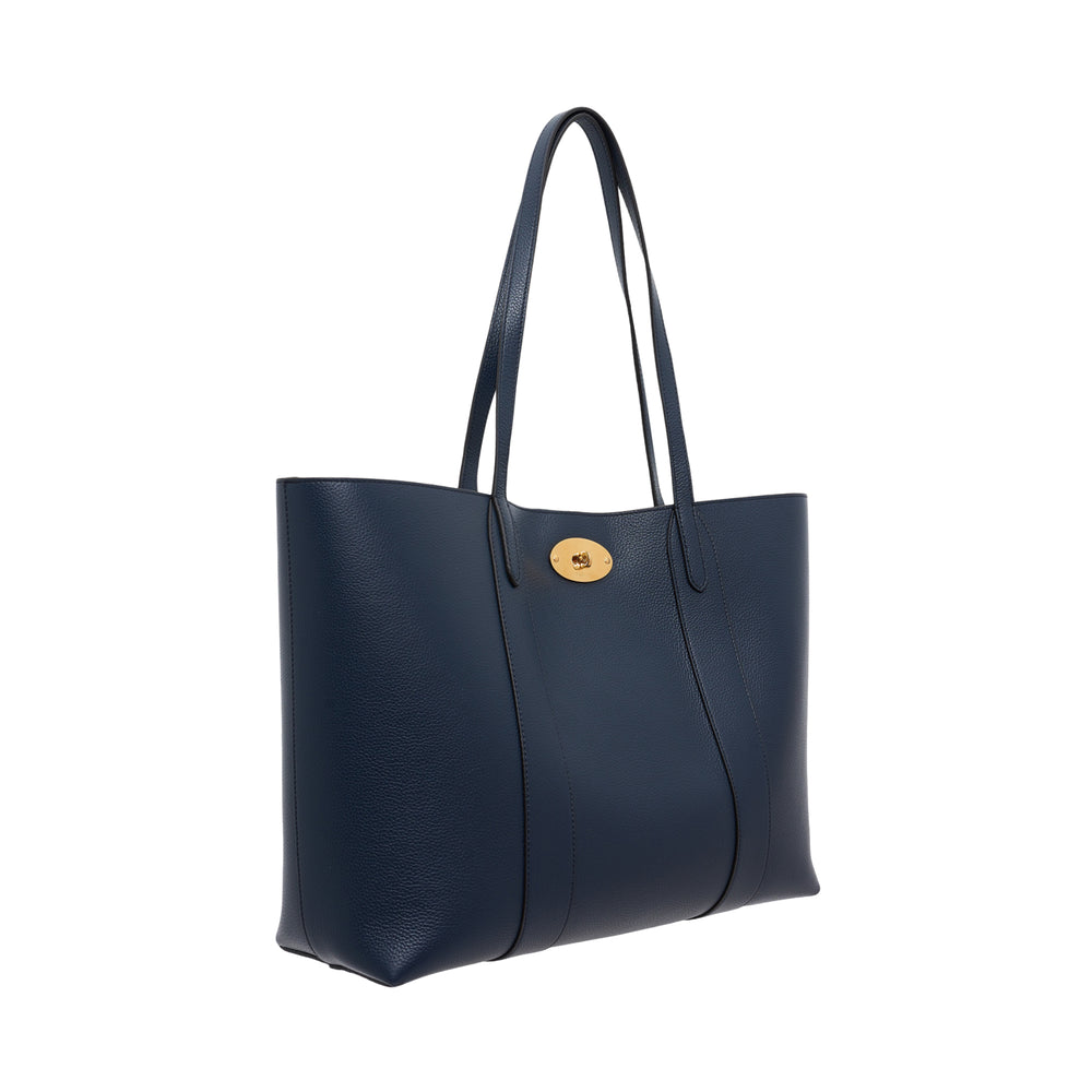 Mulberry Bayswater Small Tote in navy pebbled leather with gold-tone oval postman's lock hardware and twin flat shoulder straps