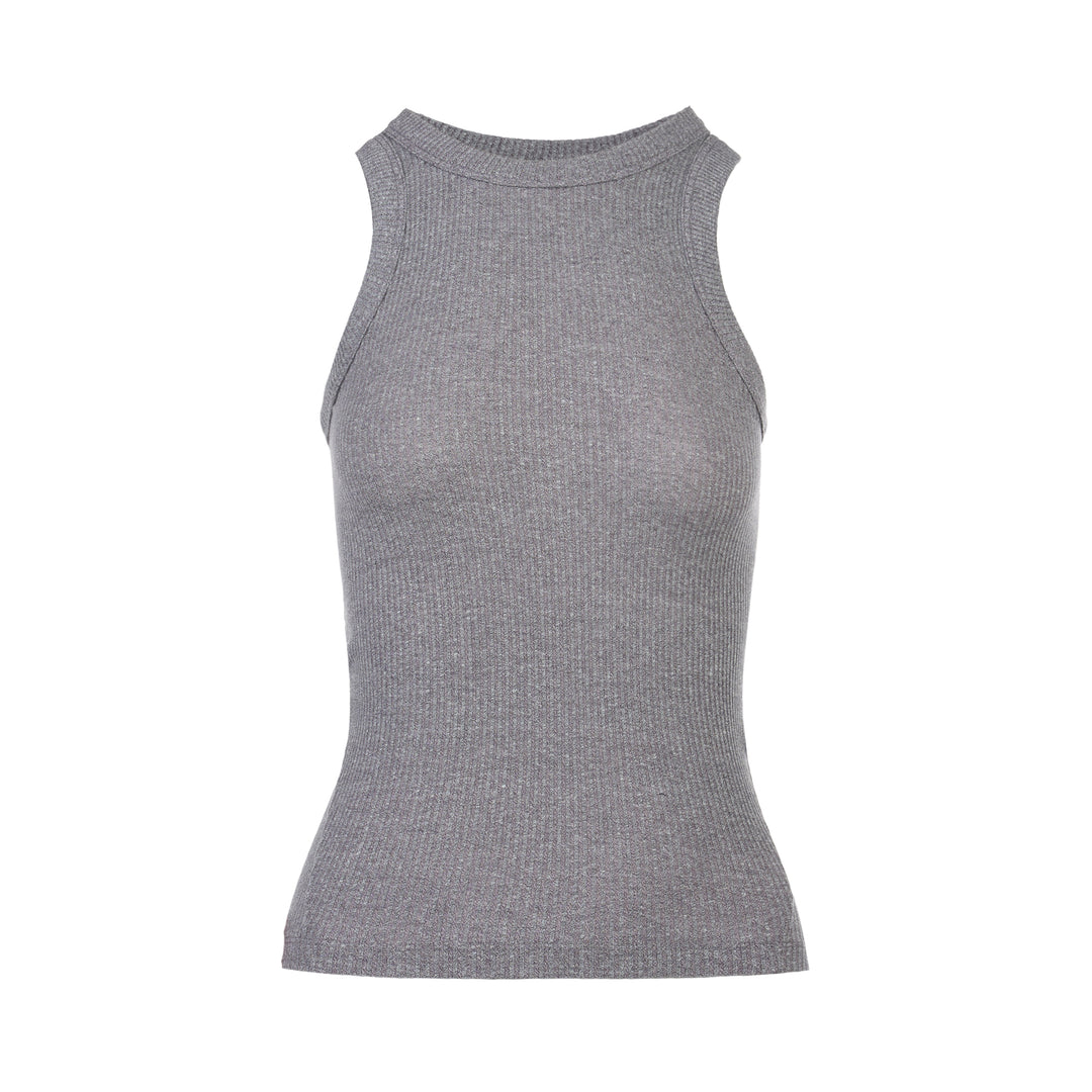 rag & bone Essential Rib Heather Tank in heathered grey, featuring a high racerback neckline and slim ribbed knit construction, shown on a white background