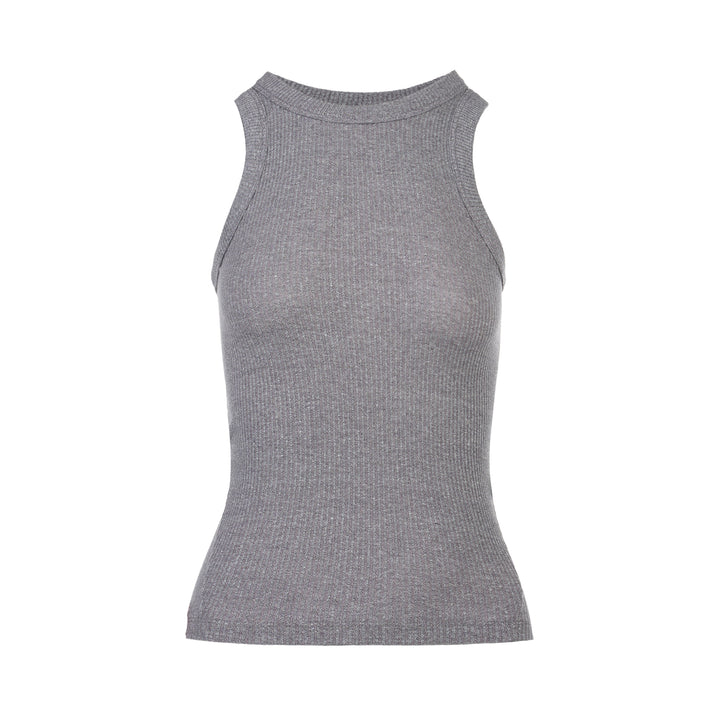 rag & bone Essential Rib Heather Tank in heathered grey, featuring a high racerback neckline and slim ribbed knit construction, shown on a white background
