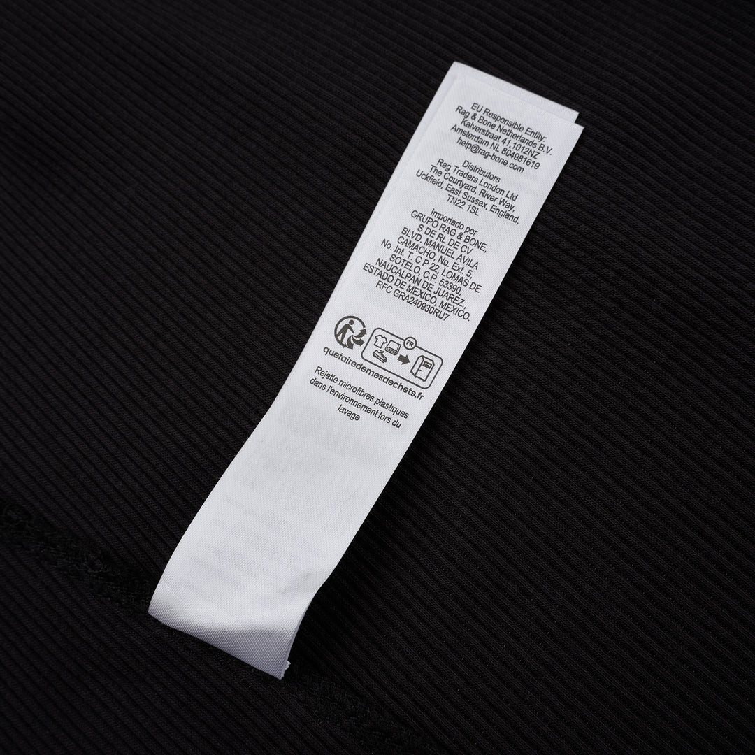 rag & bone Essential Rib Muscle Tank in black, featuring a high racer neckline, fine ribbed knit fabric, and a form-fitting sleeveless silhouette, shown on a flat lay against a white background - view 5