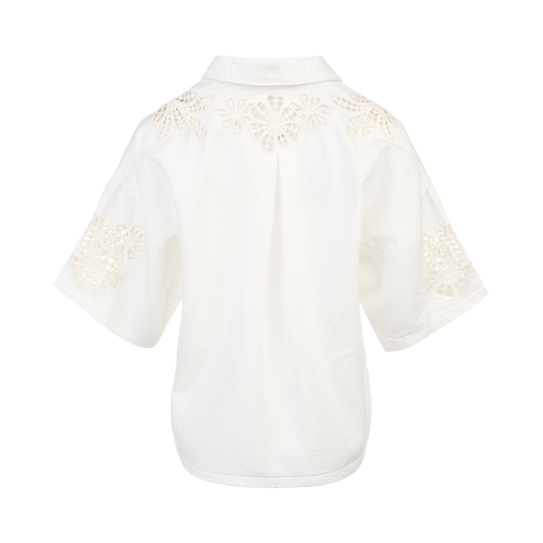 rag & bone Lucy Lace Popover Top in white with floral cutwork lace panels across the yoke and sleeve hems, open polo collar, and wide relaxed sleeves - view 2