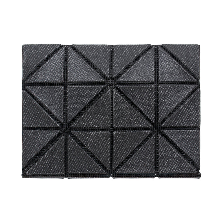 Bao Bao Issey Miyake geometric card case wallet in dark grey with signature triangular tile panel construction and black seam detailing, front view