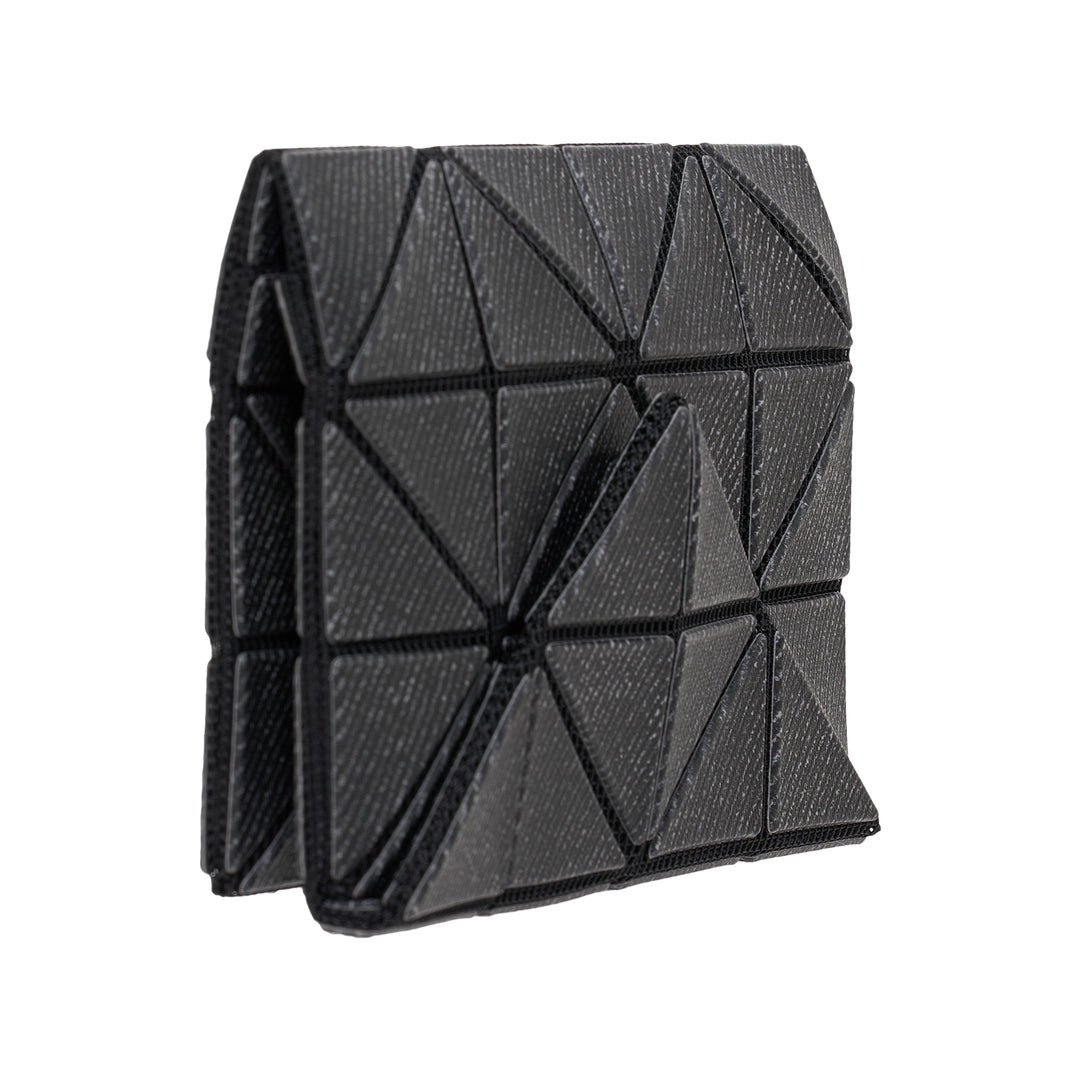 Bao Bao Issey Miyake geometric card case wallet in dark grey with signature triangular tile panel construction and black seam detailing, front view - view 2