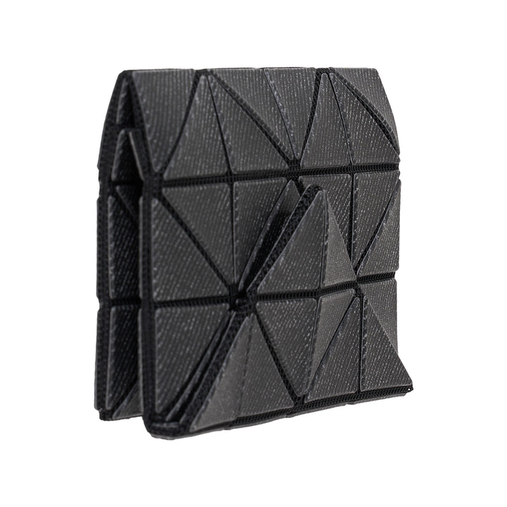 Bao Bao Issey Miyake geometric card case wallet in dark grey with signature triangular tile panel construction and black seam detailing, front view - view 2