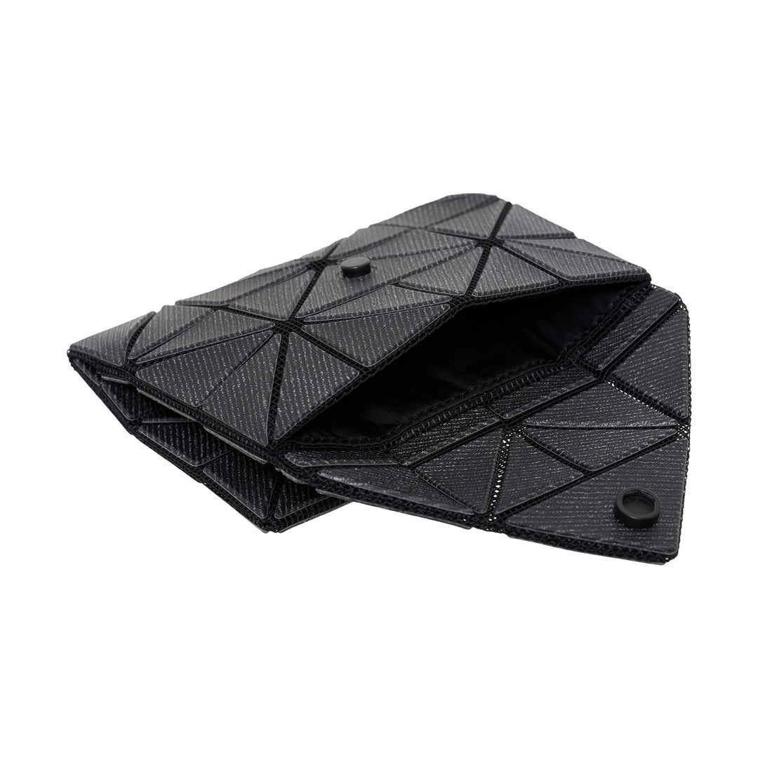 Bao Bao Issey Miyake geometric card case wallet in dark grey with signature triangular tile panel construction and black seam detailing, front view - view 5