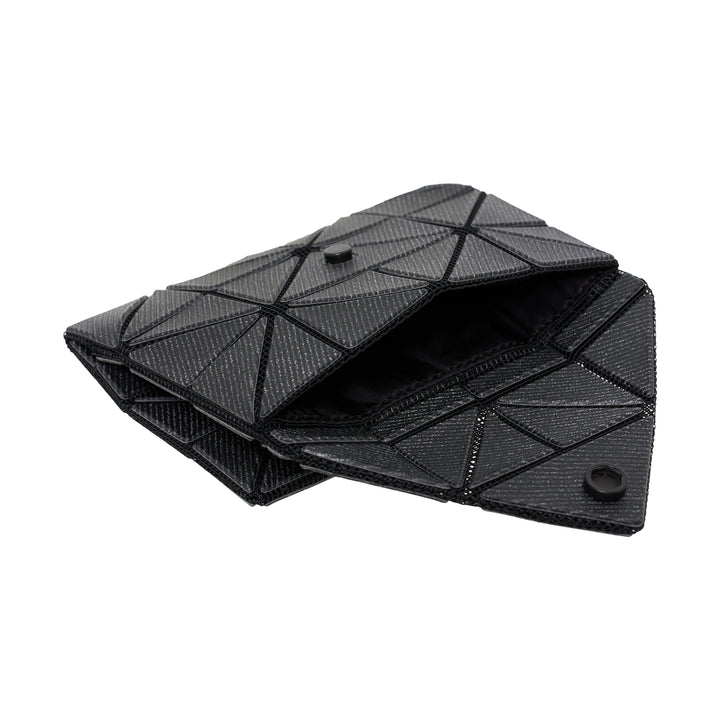 Bao Bao Issey Miyake geometric card case wallet in dark grey with signature triangular tile panel construction and black seam detailing, front view - view 5