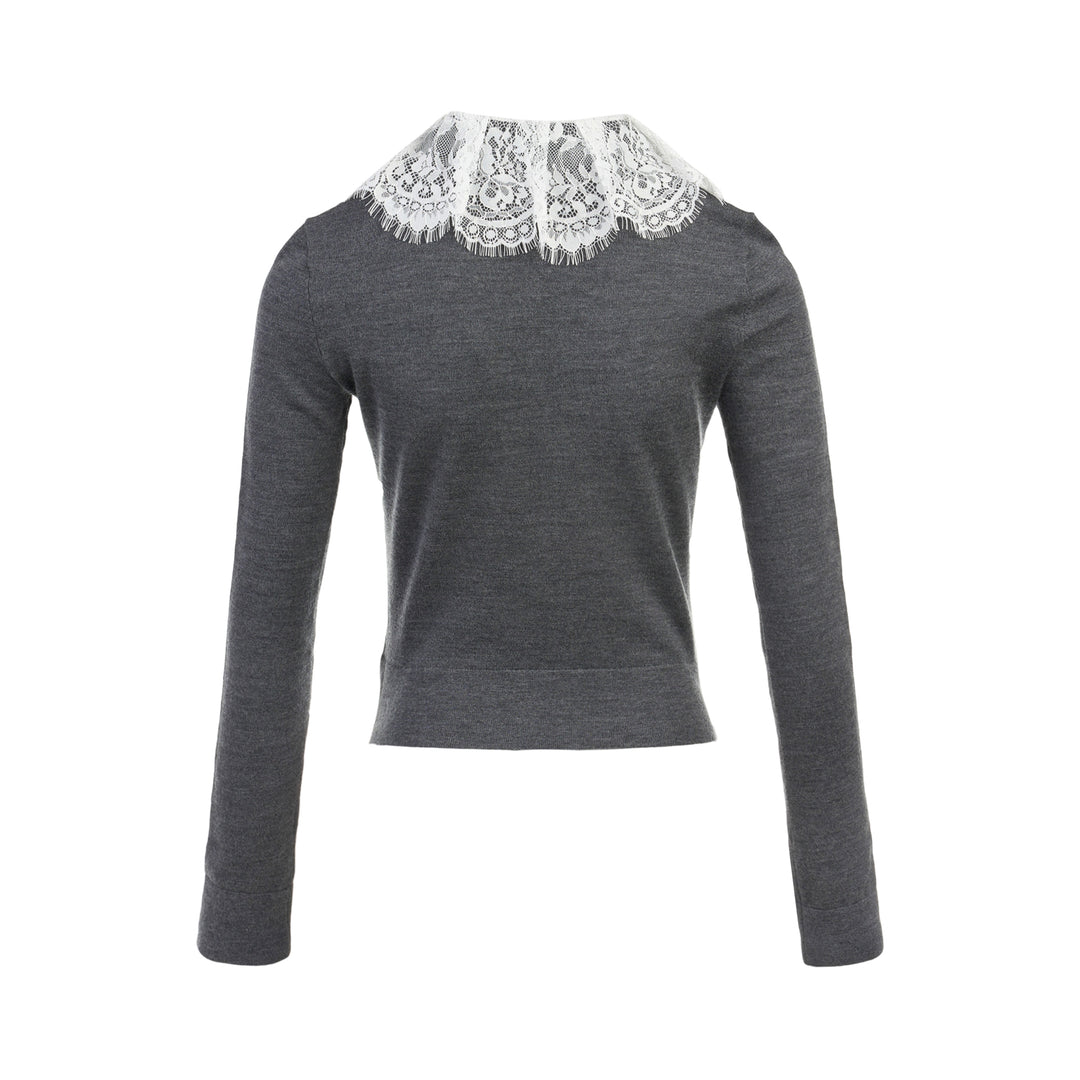 Self-Portrait grey knit cardigan with white lace Peter Pan collar, black velvet bow, scalloped lace placket trim, and pearl button fastening