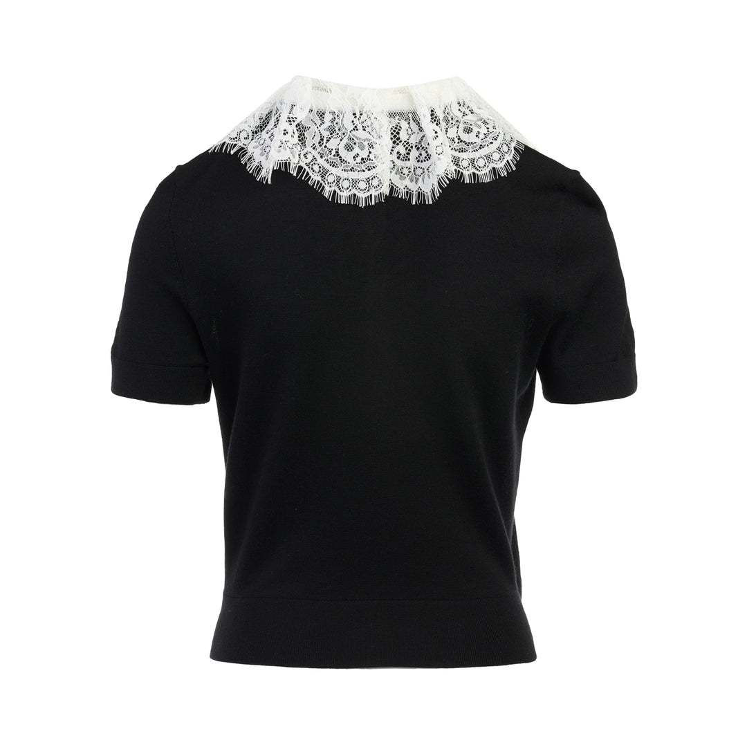 Black Knit Lace Collar Top