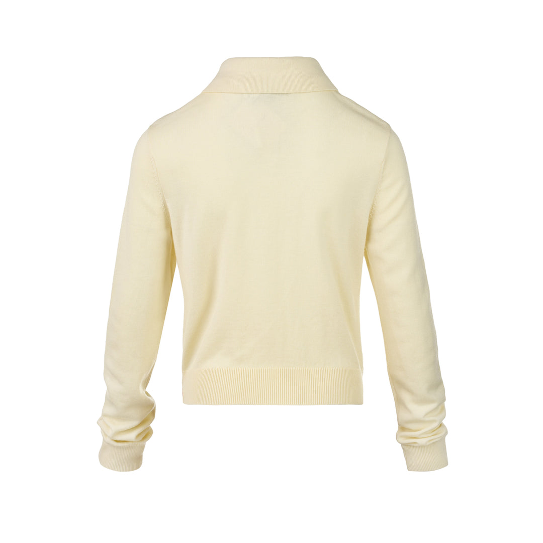 Self-Portrait butter yellow knit cardigan with lavender floral embroidery on the chest, pearl buttons, point collar, and ribbed hem and cuffs