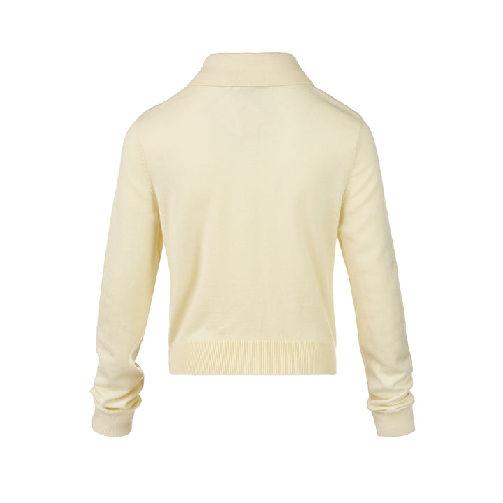 Self-Portrait butter yellow knit cardigan with lavender floral embroidery on the chest, pearl buttons, point collar, and ribbed hem and cuffs