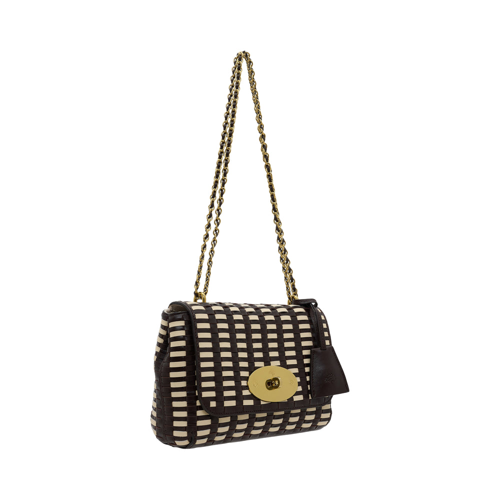 Mulberry Lily woven leather shoulder bag in dark brown and cream basketweave with gold chain strap and brass postman's lock closure
