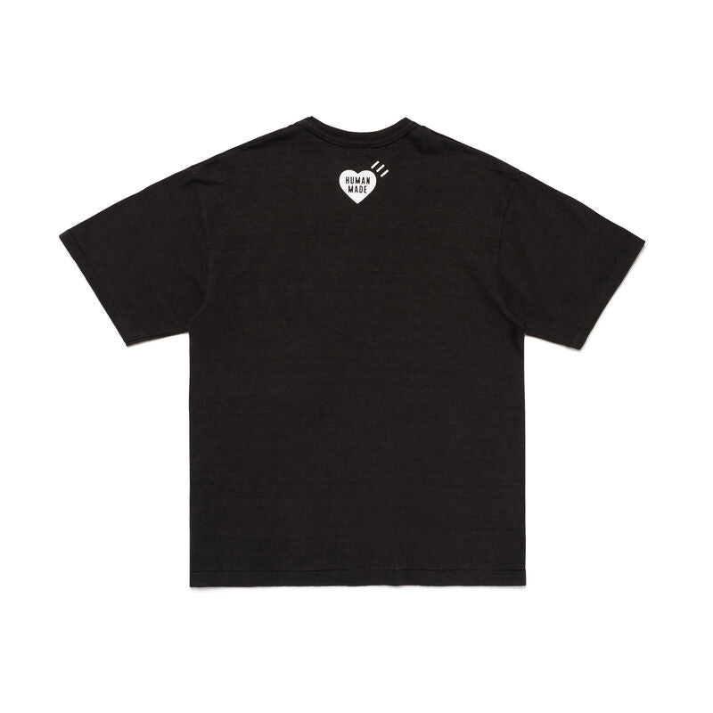 Human Made Heart Logo Graphic Tee in black, featuring a large heart motif with script branding in blue, orange, and white on the chest, shown flat on a white background.