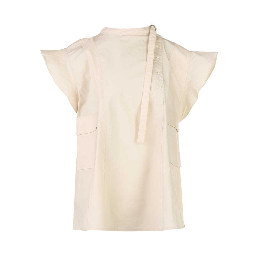 Tonal Poplin Flutter Sleeve Blouse