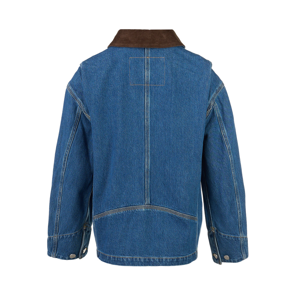3.1 Phillip Lim mid-wash blue denim chore jacket with brown corduroy collar and chest pocket trims, silver snap-button front closure, and four patch pockets, displayed flat on white background