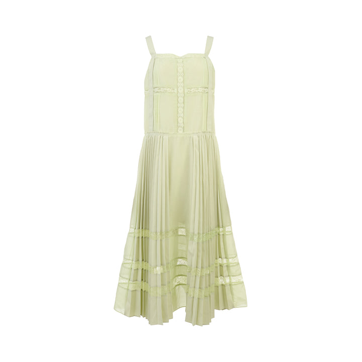 3.1 Phillip Lim sage green pleated midi dress with lace trim bodice insets, tiered pleated skirt, and horizontal lace bands at the hem, displayed on a white background