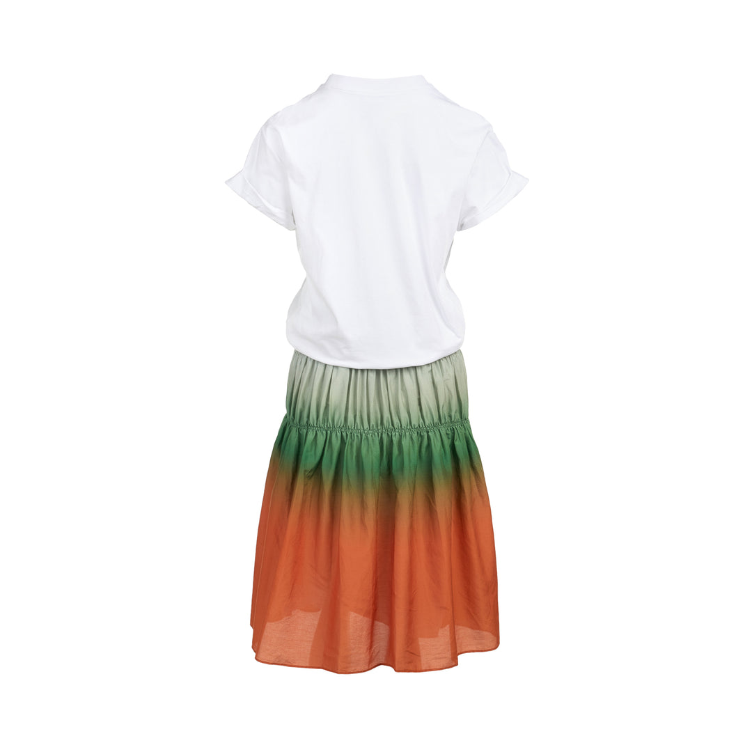 3.1 Phillip Lim Ombre T-Shirt Combo Dress with a knotted white cotton tee top and a tiered smocked skirt in a sage-to-green-to-burnt-orange ombré gradient, displayed on a white background - view 2