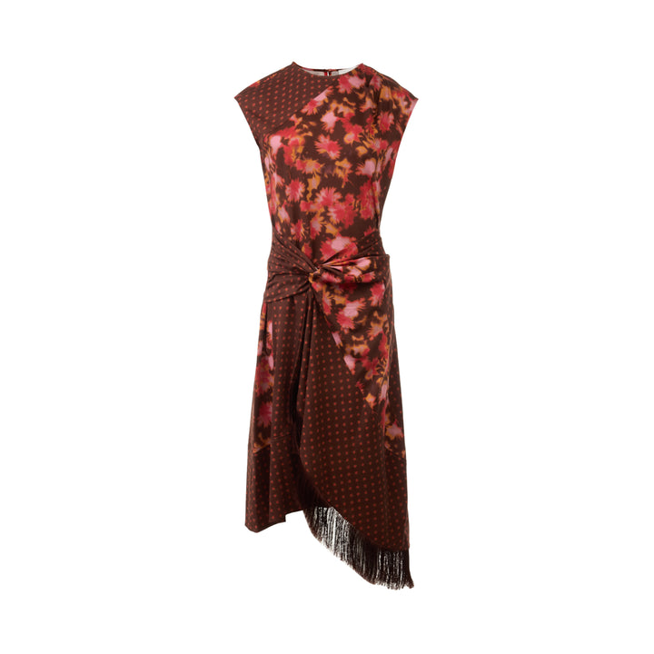 3.1 Phillip Lim Desert Flower Twist Dress in burgundy with abstract floral and polka-dot mixed print, gathered knot waist, asymmetric fringe hem, and cap sleeves