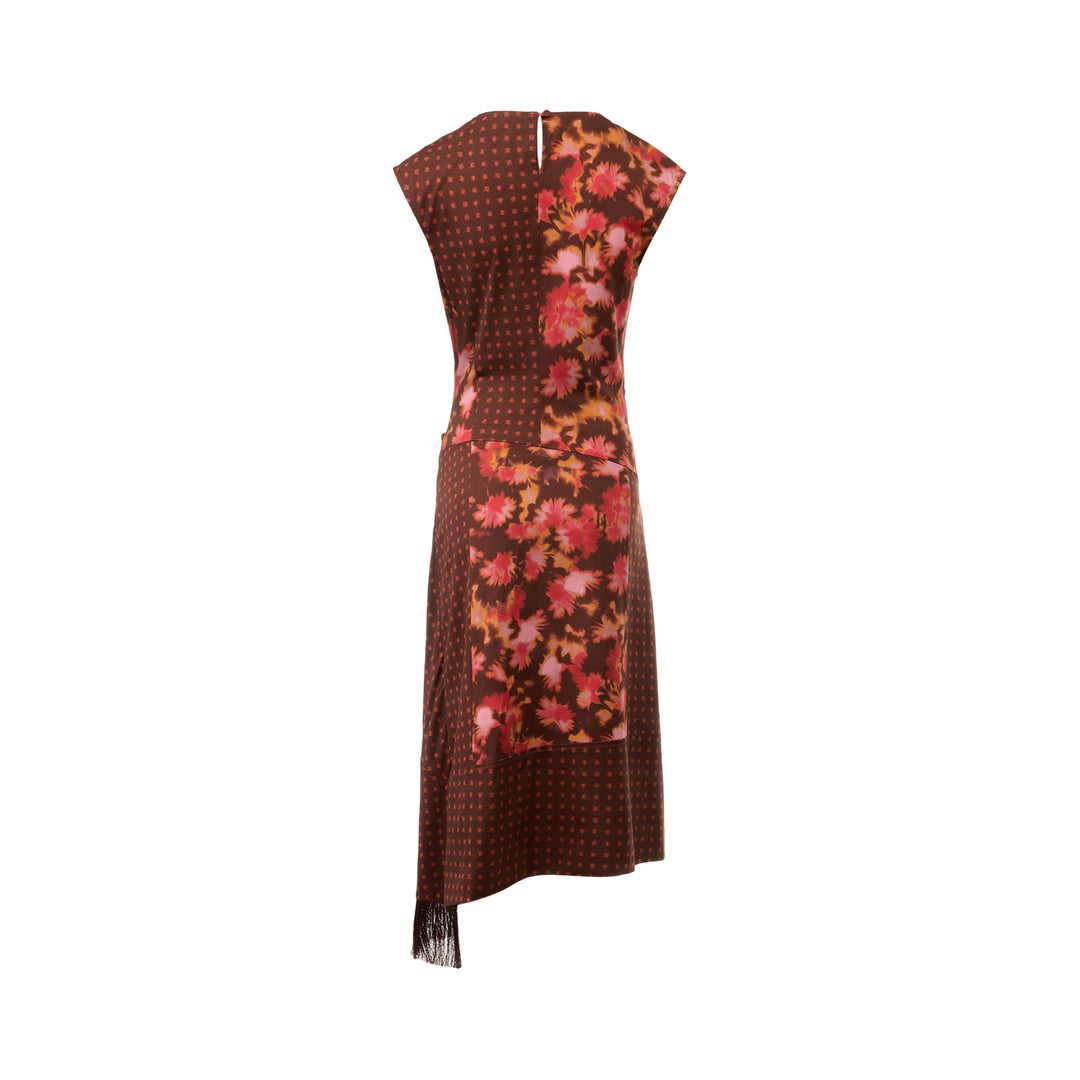 3.1 Phillip Lim Desert Flower Twist Dress in burgundy with abstract floral and polka-dot mixed print, gathered knot waist, asymmetric fringe hem, and cap sleeves - view 2