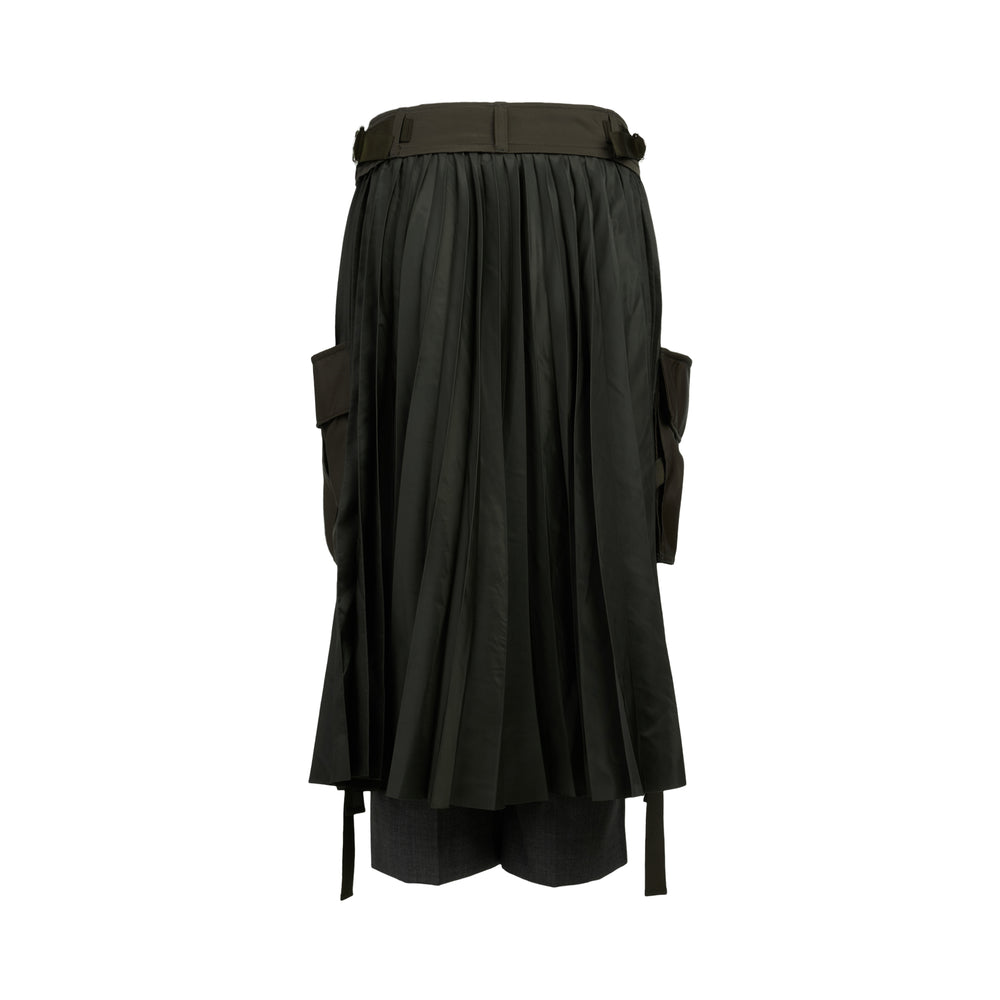 sacai Suiting x Nylon Twill Pants featuring a grey pleated suiting base with an olive nylon twill overlay, cargo pockets, and dangling strap hem details - view 2