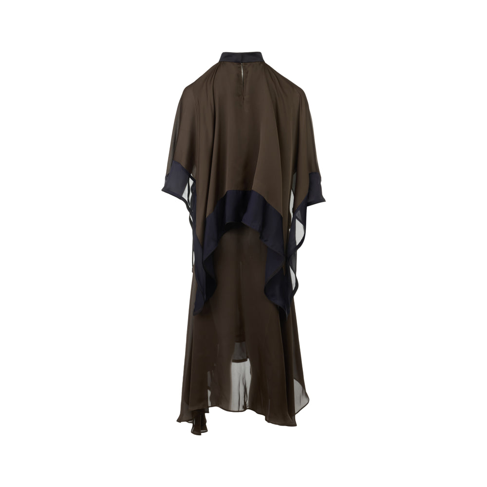 sacai Satin x Chiffon Dress displayed flat, featuring layered khaki chiffon, navy scalloped tier, and black satin panels with cascading ruffles and an asymmetric handkerchief hem - view 2