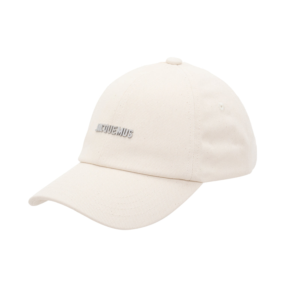 Jacquemus La Casquette Gadjo ivory cotton twill baseball cap with raised silver-tone metal logo lettering on the front panel - view 2
