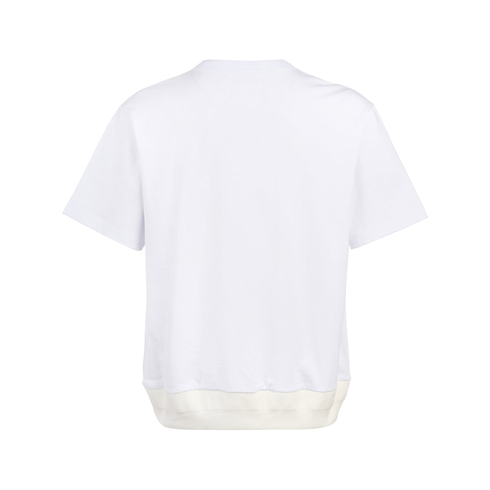 sacai white cotton jersey short sleeve T-shirt with chest patch pocket, metal snap hardware tabs, and contrast off-white woven hem panel, photographed flat on a white background - view 2