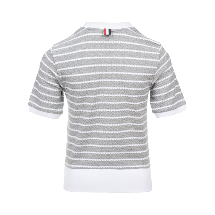 Thom Browne grey and white horizontal stripe rib short sleeve tee with contrast white crew neck, cuff, and hem trims, and a woven Thom Browne New York label at the front - view 2