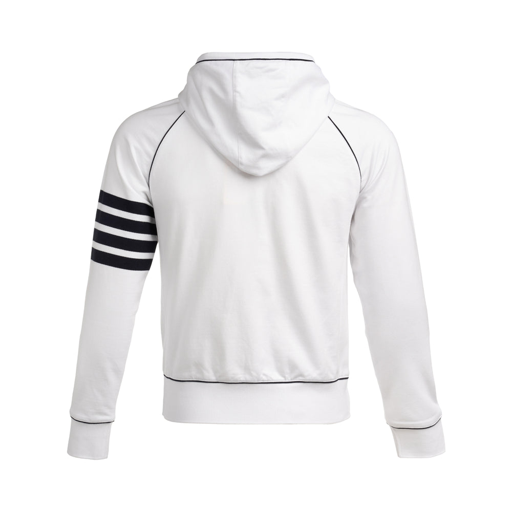 Thom Browne white loopback cotton zip-through hoodie with signature 4-bar navy stripe on the sleeve and contrast piping trim - view 2