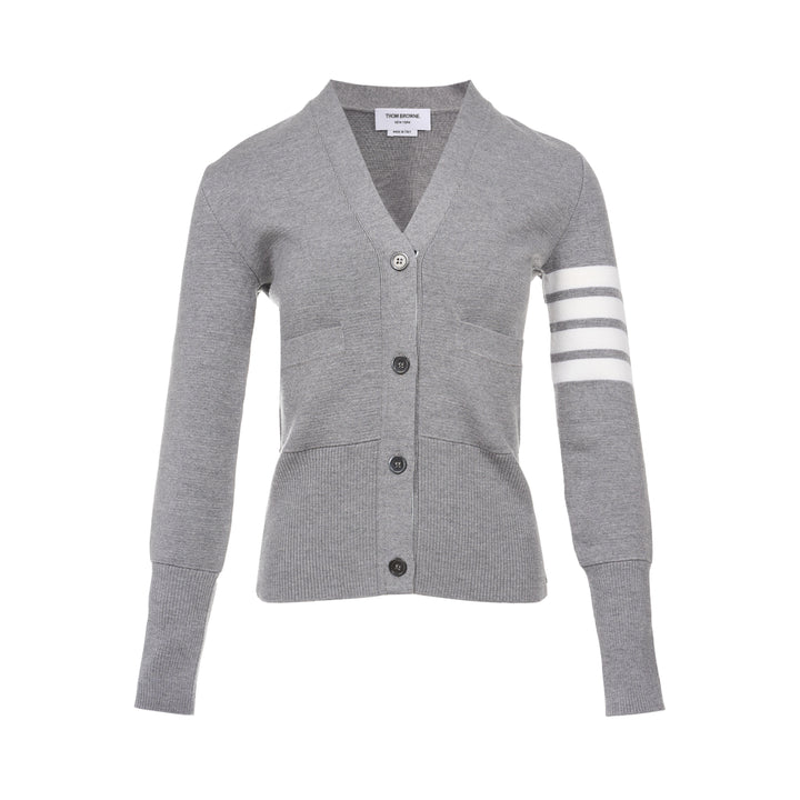 Thom Browne heather grey V-neck cardigan with four-bar white stripe detail on sleeve, button-through front, and ribbed hem and cuffs