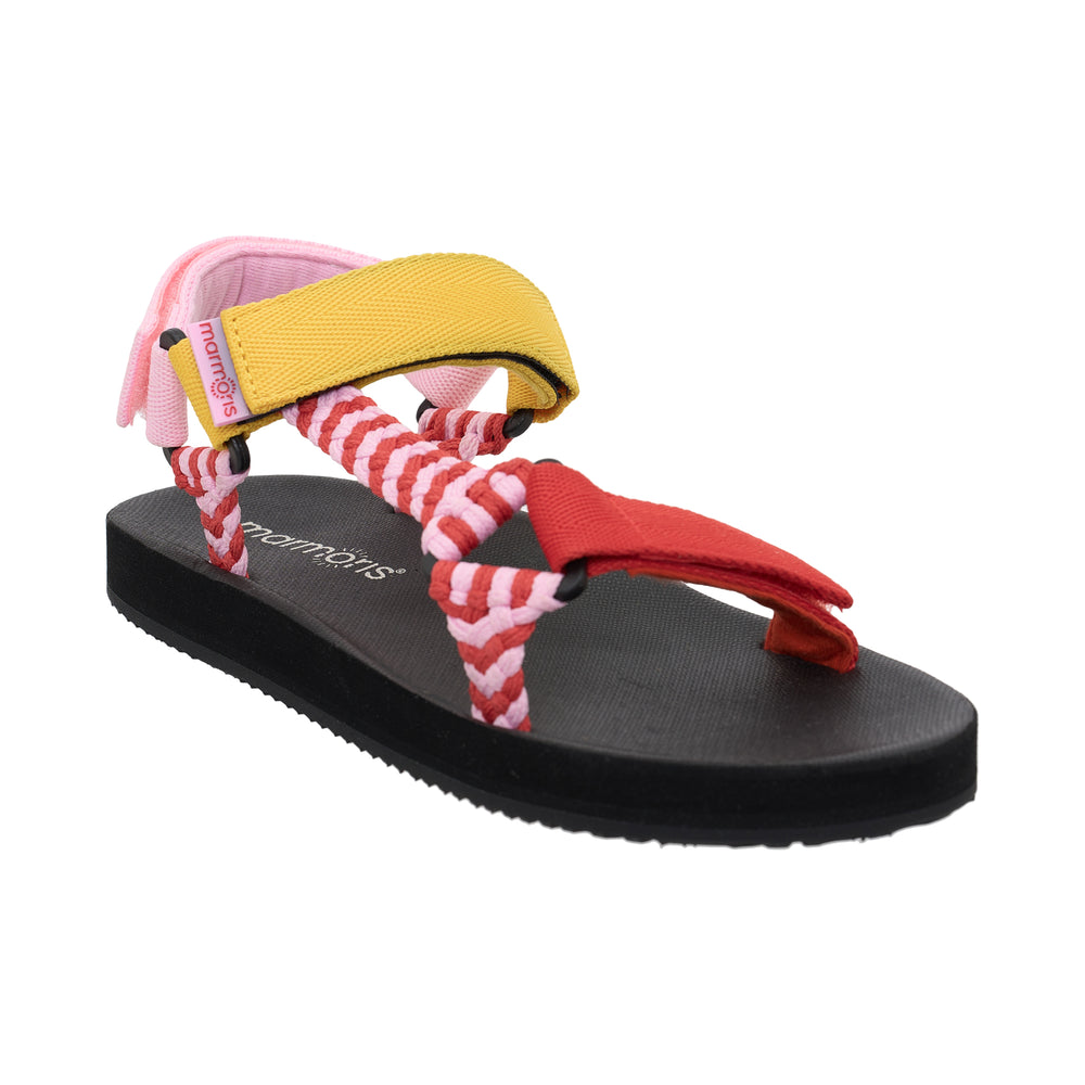Marmoris Wander Berry Clay sandal with braided red and pink rope straps, mustard velcro ankle tab, pink heel strap, and cushioned black rubber sole, shown in profile view - view 2
