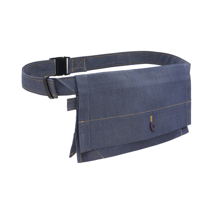 me Issey Miyake Flat Denim Belt Bag in chambray blue with contrast golden stitching, a navy button closure, and an adjustable buckle strap, shown against a white background - view 2