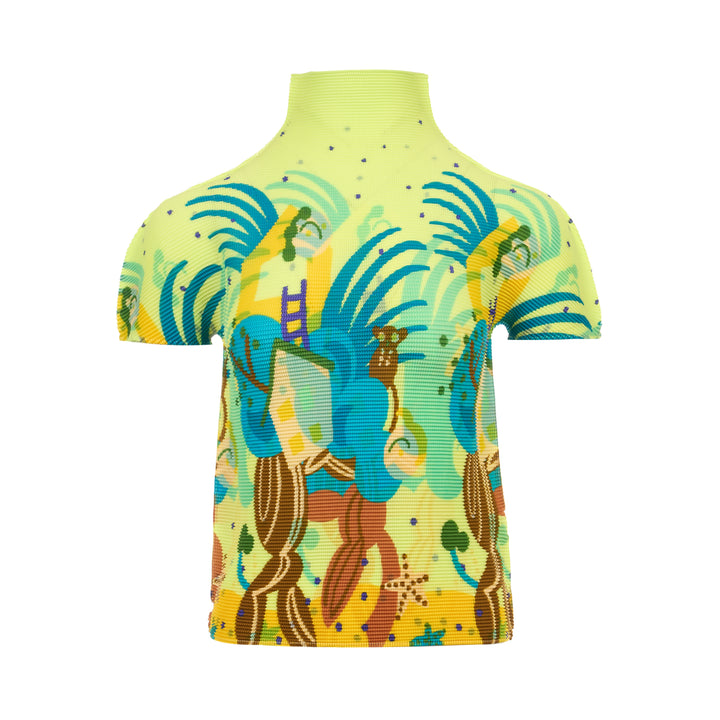me Issey Miyake Island Print High Neck Top in neon yellow-green with all-over tropical graphic featuring monkeys, palm fronds, and swirling teal brushstrokes in fine-pleat fabric, short cap sleeves, mock-neck collar