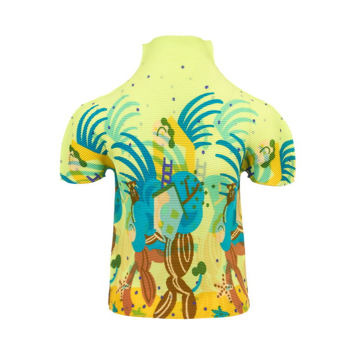 me Issey Miyake Island Print High Neck Top in neon yellow-green with all-over tropical graphic featuring monkeys, palm fronds, and swirling teal brushstrokes in fine-pleat fabric, short cap sleeves, mock-neck collar - view 2
