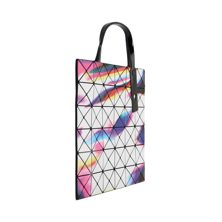 Bao Bao Issey Miyake Warp Tote Bag in a 6×6 geometric panel grid featuring an iridescent multicolour print of pink, violet, cobalt, and amber, with a black patent top handle on a white background - view 2