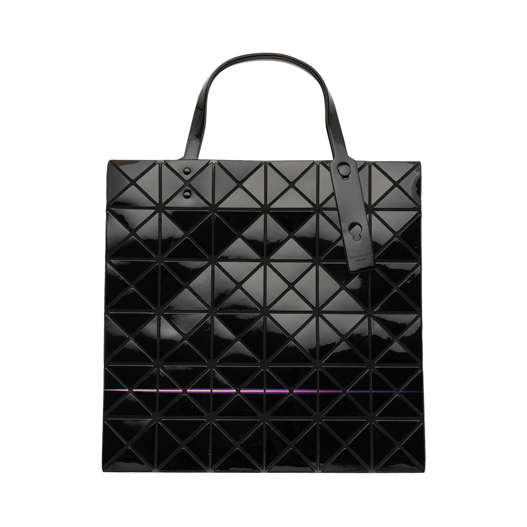 Bao Bao Issey Miyake Warp Tote Bag in a 6×6 geometric panel grid featuring an iridescent multicolour print of pink, violet, cobalt, and amber, with a black patent top handle on a white background - view 3